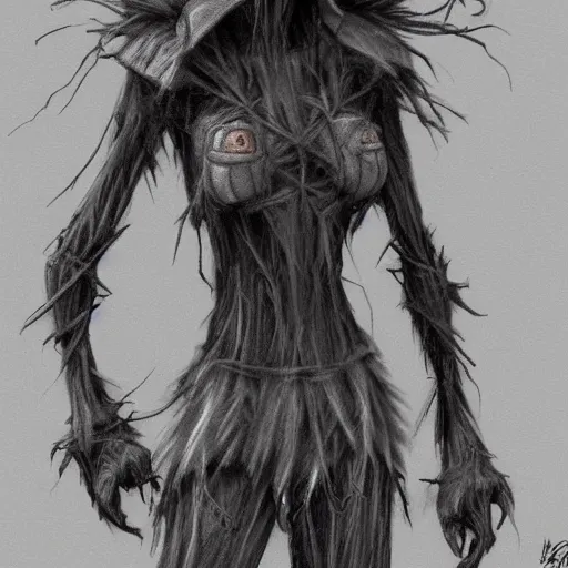 Image similar to concept art of a scary lanky female scarecrow, artstation, pencil