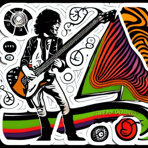 Image similar to jimmy page from led zepelin playing - guitar - solo, sticker - art, svg vector, adobe - illustrator