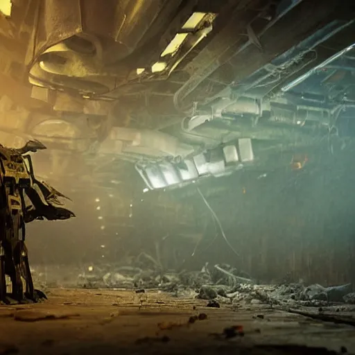 Image similar to closeup of mecha with surface of knives and forks, dark messy smoke - filled cluttered workshop, dark, dramatic lighting, orange tint, cinematic, highly detailed, sci - fi, futuristic, movie still from blade runner