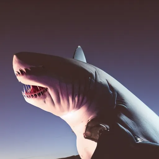 Prompt: great white shark wearing a hoodie at night, 8 k, photorealistic, cinematic photography, trending on artstation