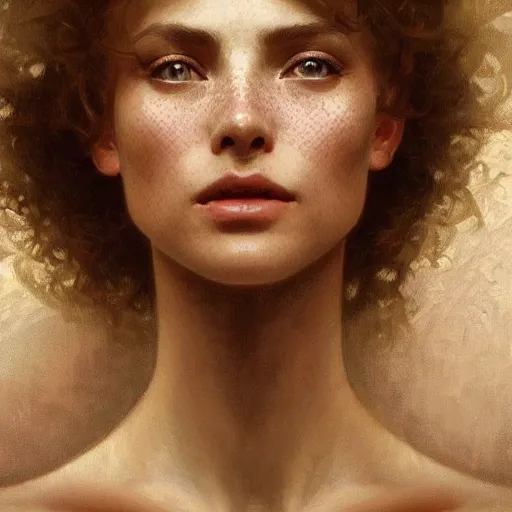 Image similar to concept art, portrait of beautiful lightly freckled woman, soft natural light, intricate, elegant, highly detailed, my rendition, digital painting, artstation, concept art, smooth, sharp focus, illustration, art by greg rutkowski and alphonse mucha and uang guangjian and gil elvgren, symmetry!!