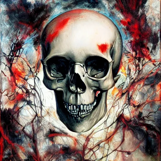 Image similar to human skull, hyper - realistic oil painting, body horror, biopunk, by ralph steadman, francis bacon, hunter s thompson