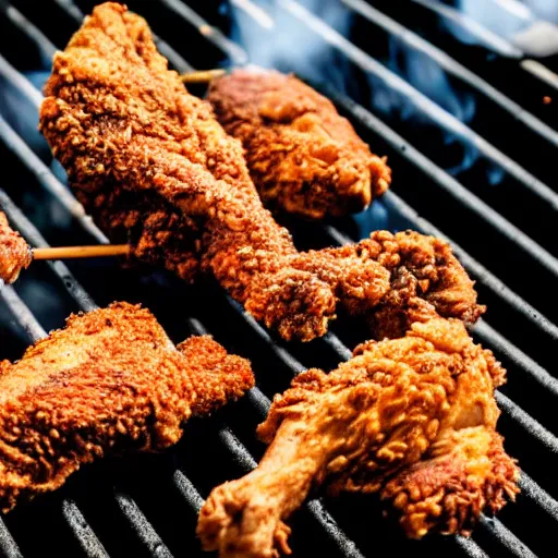 Prompt: photo of fried chicken on a charcoal bbq