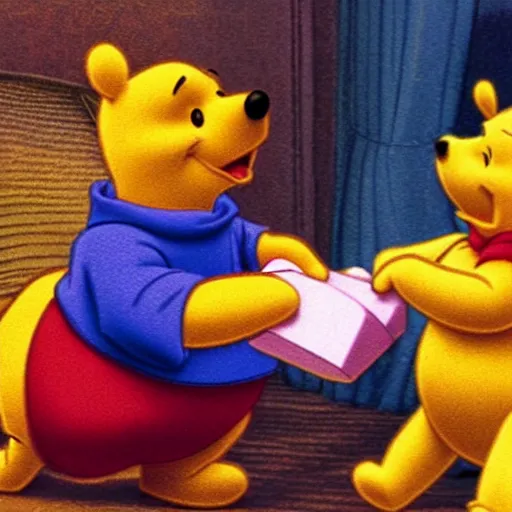 Prompt: Winnie the Pooh giving a present to a bearded man wearing glasses