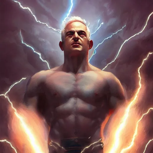 Prompt: benjamin netanyahu as the greek god of lightning, lightning bolts, highly detailed, ultra clear, by artgerm and greg rutkowski