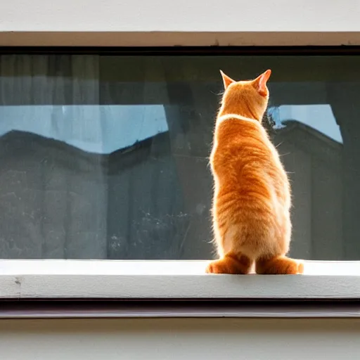 Prompt: a ginger cat with a white chest and paws, yawning and stretching on a windowsill.