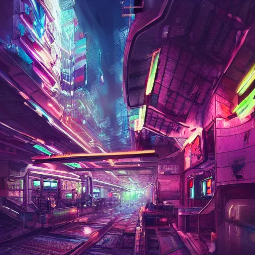 Prompt: a futuristic post - apocalyptic subway city of oriental type with neon lights artstation, illustration