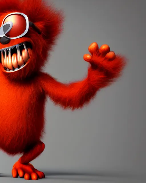 Prompt: 3 d render of completely red hairy friendly antropomorphic creature wearing chrome shades, without nose and small grin, full body, standing on 2 feet, in the style of pixar, white background, unreal engine 5, octane render, highly detailed hdr