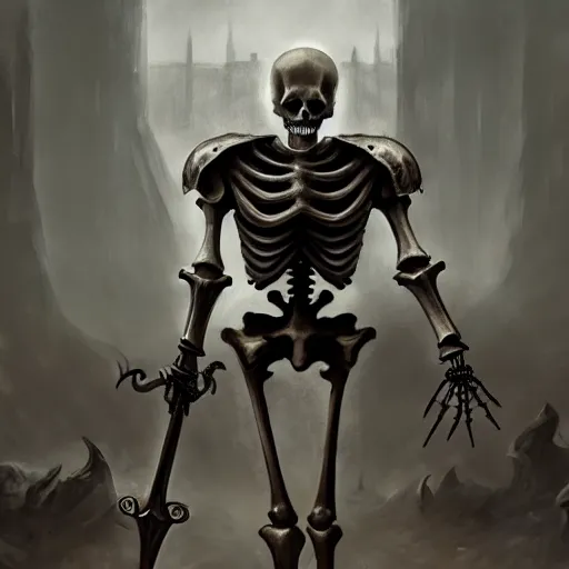 Prompt: a medieval knight slowly transforming into a skeleton, matte oil painting, concept art, dnd, clear, crisp, sharp, bones, armor, eldritch, award - winning, extremely detailed, 4 k, 8 k