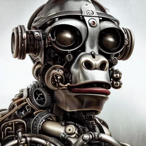 Image similar to a beautiful intricate fine art portrait photo of a a mechanical industrial steampunk cybernetic gorilla, by tom bagshaw and zach sutton, perfection!, milk bath photography, studio lighting, 35mm lens, very detailed, bionic, cybernetic scifi, deep depth of field, artstation, 8K, highly coherent