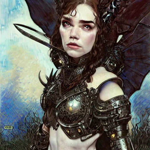 Image similar to head and shoulders portrait of an armored erinyes devil with huge bat wings, portrayed by florence pugh, d & d, fantasy, luis royo, magali villeneuve, donato giancola, wlop, krenz cushart, hans zatka, klimt, alphonse mucha