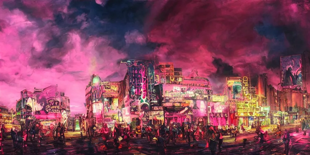 Image similar to oil painting, a lot of punks, pink, cool punk close - up, rich deep colors masterpiece, make a stunningly detailed art, neon, ultra detailed, contrast, heaven pink, lots of roman arches, punk rock with mohawks, clouds, sky, volumetric light, atmospheric lighting, dramatic, highly detailed, cinematic, moody, octane render 4 k, 8 k