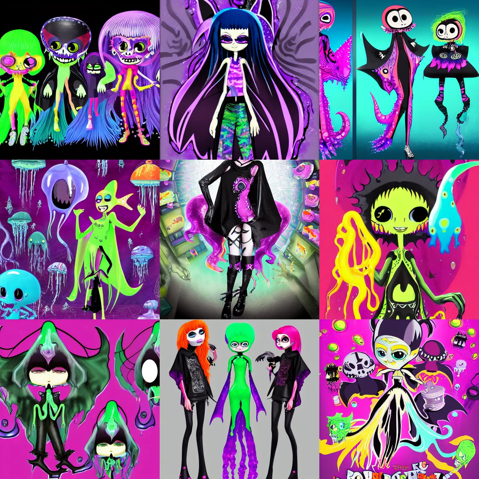 Prompt: lisa frank gothic emo punk vampiric rockstar vampire squid with transparent jellyfish skin character designs of various shapes and sizes by genndy tartakovsky and splatoon by nintendo for the new hotel transylvania film starring a vampire squid cthulu kraken monster rockstar wearing a bat shaped poncho cape with platform shoes