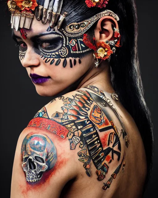 Image similar to photorealistic head and shoulders photo of beautiful female ornate fantasy indian tribal aztec warrior goddess, confident, minimal black skull warpaint, tattoos, Neil Blevins, James Paick, Natasha Tan Maciej Kuciara, Frank frazetta, arney freytag, Ritu Kumar, Sabyasachi Mukherjee, Magic the gathering,octane, bokeh, 8k, fashion pose, cinematic, 28mm