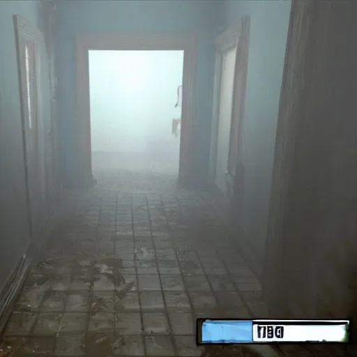 Image similar to a small long room the room is dirty in the right side there is a window you can't see anything because there's a fog in the right window in the left side there is a door in the other side of the door they are a couple of zombies getting the door the door is almost broken because of the zombies