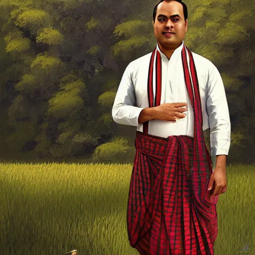 Prompt: Himanta Biswa Sarma wearing assamese male bihu dress, background: assam tea garden kaziranga, elegant, highly detailed, digital painting, artstation, concept art, smooth, sharp focus, illustration, art by artgerm and greg rutkowski and alphonse mucha and loish and WLOP, beautiful handsome body, hyper detailed, micro details, insanely detailed C 10.0