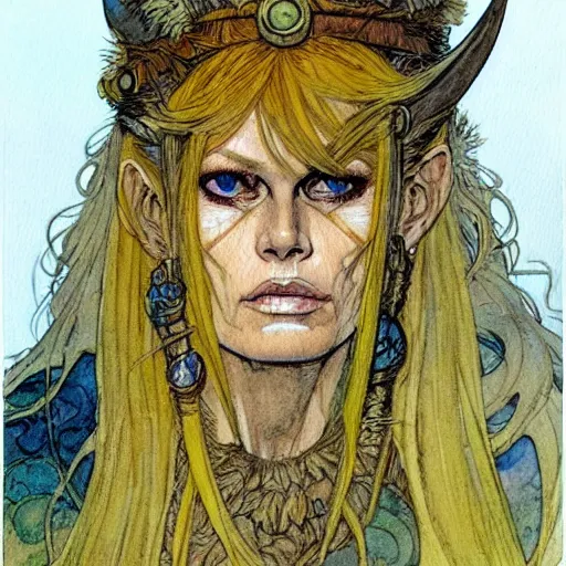 Image similar to a realistic and atmospheric watercolour fantasy character concept art portrait of brigitte bardot as a druidic warrior wizard looking at the camera with an intelligent gaze by rebecca guay, michael kaluta, charles vess and jean moebius giraud