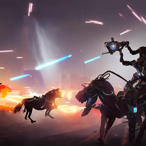 Prompt: The charge of the light brigade with robotic horses, steampunk, dramatic lighting, heavy weapons fire, energy weapons, light fog, by Makoto Shinkai and Ruan Jia