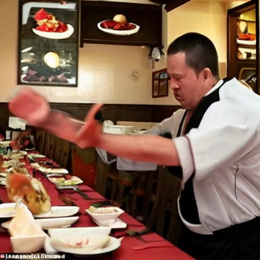 Prompt: a middle - aged turtle that is an expert in martial arts working as a waiter in a restaurant apologizing to angry customers for spilling their food