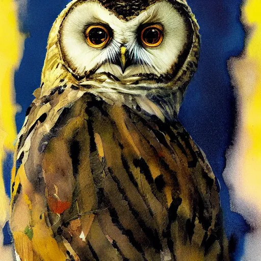 Prompt: shredded physique feathered round neck beak Portrait of Henry James camouflaged as Owl whilst wearing a yellow tuxedo Standing atop a Garbage Truck Greg Rutkowski Vik Muniz clarence holbrook carter Andrew Wyeth Dan Witz