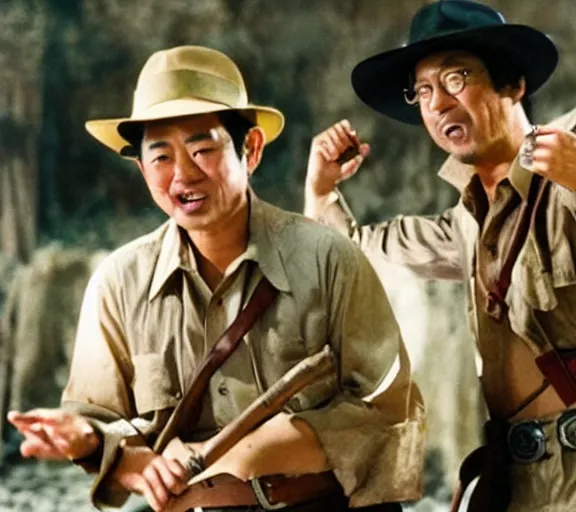 Prompt: a film still of shinzo abe in indiana jones raiders of the lost ark