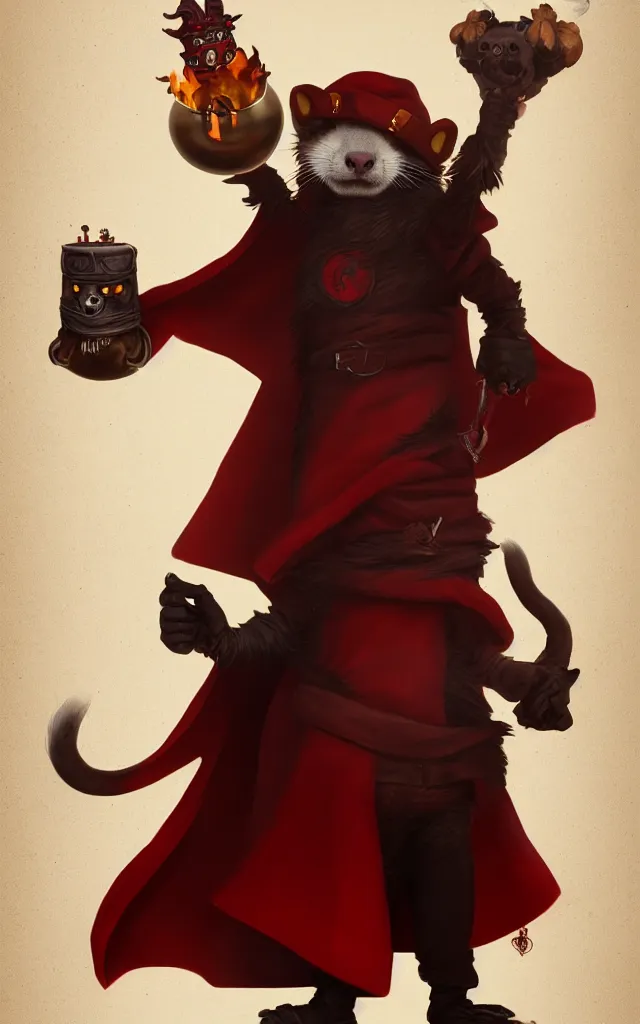 Prompt: a anthropomorphic ferret is a dark warlock dressed red robes, he's very menacing and evil, he's holding a fireball, hyperdetailed, artstation, cgsociety, 8 k