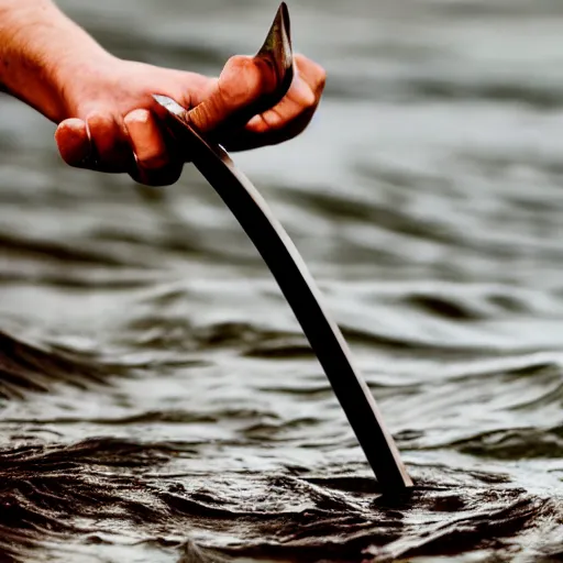 Image similar to still photograph of a hand holding a sword, appearing out of water