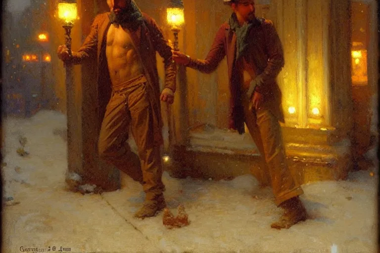 Prompt: winter, attractive male, neon light, india, painting by gaston bussiere, craig mullins, j. c. leyendecker
