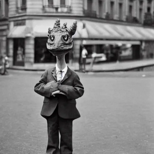 Image similar to a real photo by saul leiter of a small anthropomorphic dinosaur wearing a suit and standing in paris while holding a baguette