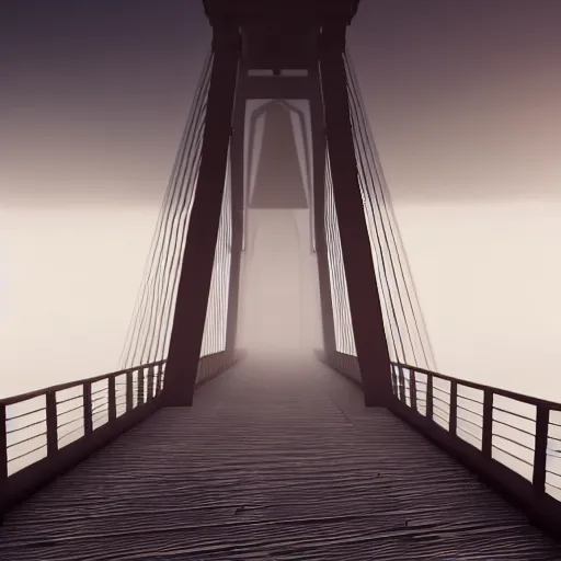 Image similar to still shot of a bridge covered in morning fog, highly detailed, photorealistic portrait, bright studio setting, studio lighting, crisp quality and light reflections, unreal engine 5 quality render