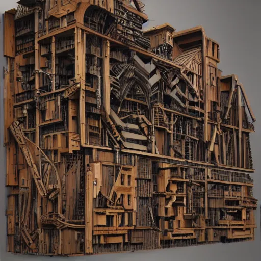 Image similar to mechanical tirex in urbanistic wood, hyperrealistic, style of james gurney