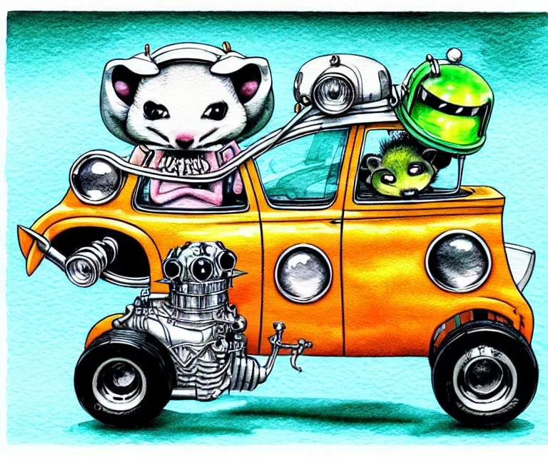 Image similar to cute and funny, opossum wearing a helmet riding in a tiny hot rod with oversized engine, ratfink style by ed roth, centered award winning watercolor pen illustration, isometric illustration by chihiro iwasaki, edited by range murata, tiny details by artgerm and watercolor girl, symmetrically isometrically centered, focused