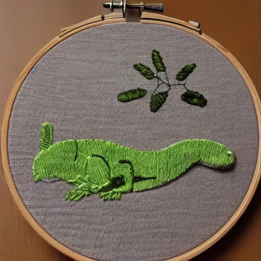 Prompt: “a rabbit eating a lizard, embroidery”