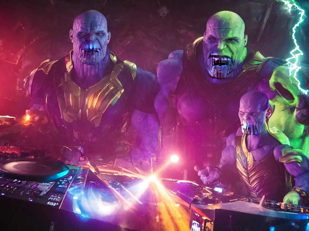 Prompt: photo of Thanos is djing at an underground warehouse rave, he is looking stressed because he is bombing badly. award winning, atmosphere, coloured lasers and stage lighting, stage smoke, 1x