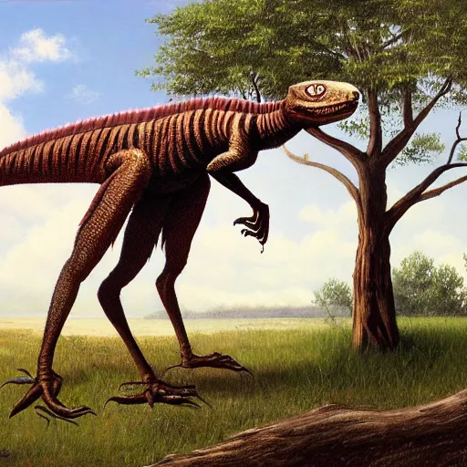 Prompt: An artwork of a velociraptor by a tree, paleo art