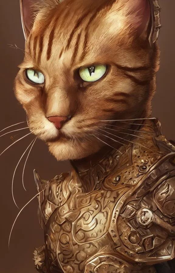 Image similar to cat king, ginger hair, one eye, intricate details, detailed face, detailed armour, artstation, epic pose, ambient light, concept art, by masanori warugai
