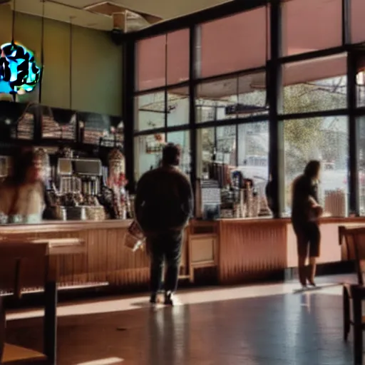 Image similar to cinematic photo of ghostly apparitions at a starbucks in the late afternoon with red sunlight