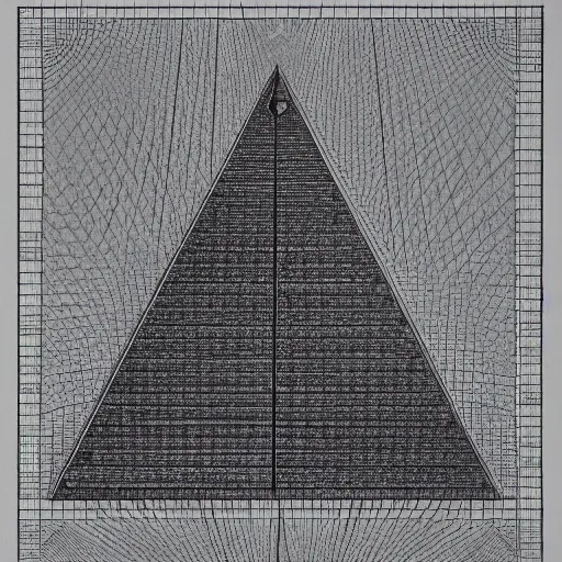 Image similar to realistic drawing of the pyramid at dawn, by maurits cornelis escher, explorations of infinity, reflection, symmetry, perspective, truncated and stellated polyhedra, hyperbolic geometry, tessellations