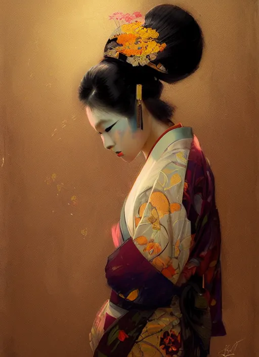 Image similar to female geisha girl, beautiful face, colourful, rule of thirds, intricate outfit, spotlight, by greg rutkowski, by jeremy mann, digital painting