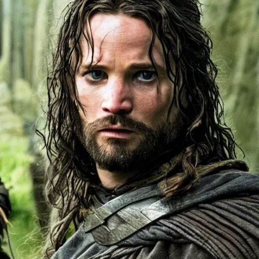 Image similar to first photos of female lotr, jennifer lawrence as aragorn, megan fox as aragorn and florence pugh as gimli, ( eos 5 ds r, iso 1 0 0, f / 8, 1 / 1 2 5, 8 4 mm, postprocessed, crisp face, facial features )