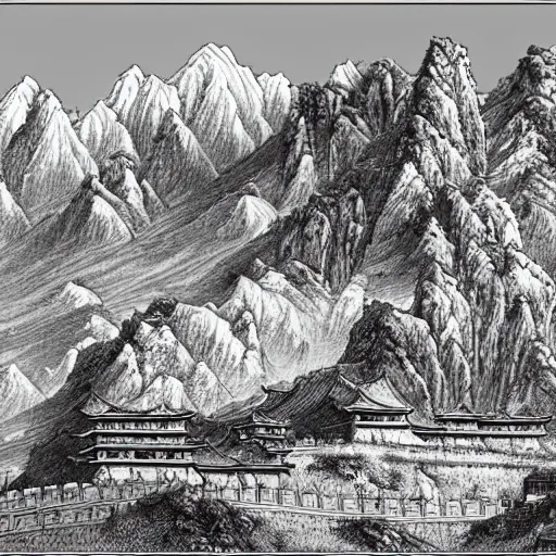 Image similar to ancient chinese fortress in the mountains of xi\'an, desert environment, mountainous gobi desert historic woodcut-styled artwork from ancient china hyperdetailed, artstation trending, world renowned artists, worth1000.com, historic artworks society, antique renewel, cgsociety, by greg rutkowski, by Gustave Dore, Deviantart