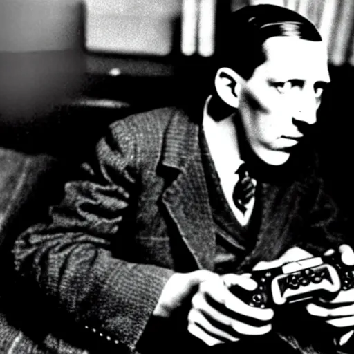 Image similar to h. p. lovecraft playing a video game, vintage photograph, xbox controller, angry