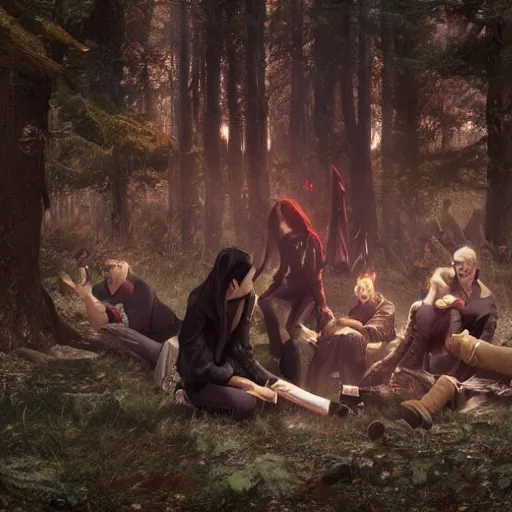 Image similar to group of vampires chilling at the forest smoking weed, realistic digital art 4 k, high quality, greg rutkowski, zabrocki, karlkka, jayison devadas, phuoc quan, trending on artstation, 8 k, ultra wide angle, zenith view, pincushion lens effect