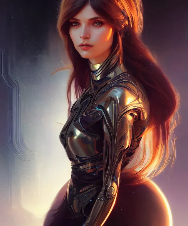 Image similar to futuristic young woman portrait, sci-fi, amber eyes, face, long hair, fantasy, intricate, elegant, highly detailed, digital painting, artstation, concept art, smooth, sharp focus, illustration, art by artgerm and greg rutkowski and alphonse mucha