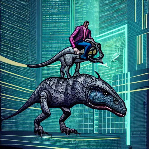 Image similar to detailed intricate colour illustration of a businessman riding a dinosaur, cyberpunk, sci-fi, concept art