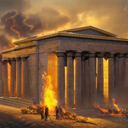 Prompt: a beautiful and realistic matte painting of the Temple of Herod aflame