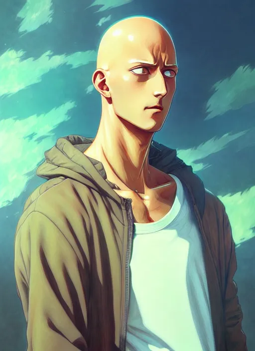 Image similar to handsome saitama, half body shot, path traced, highly detailed, high quality, digital painting, alena aenami, lilia alvarado, shinji aramaki, karol bak, alphonse mucha, tom bagshaw