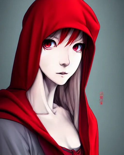 Prompt: portrait Anime white woman with red hair; cloak with hood || pretty face, realistic shaded Perfect face, fine details. Anime. realistic shaded lighting by Kim Jung Gi