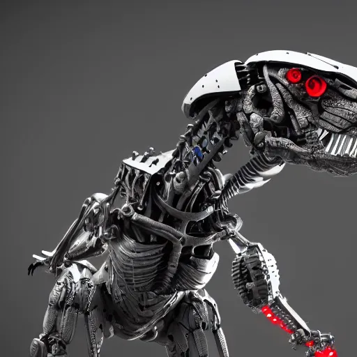 Image similar to still of a cyborg T-Rex, red eyes, robotic extended arms, 4k, film grain