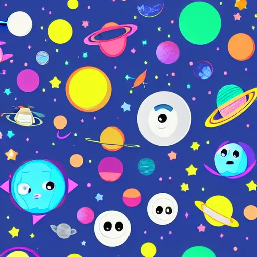 Prompt: outer space view of living planets with cartoon faces, style by kurzgesagt and pixar and dreamworks and disney